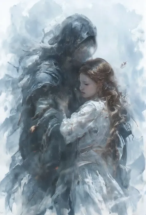 ((masterpiece)) ((photography)) ((Highest quality)) a (((shadow shaped like a man))) embracing a woman with chestnut hair, her expression filled with sadness. watercolor background with subtle shades of gray and blue, creating a melancholic and poetic atmo...