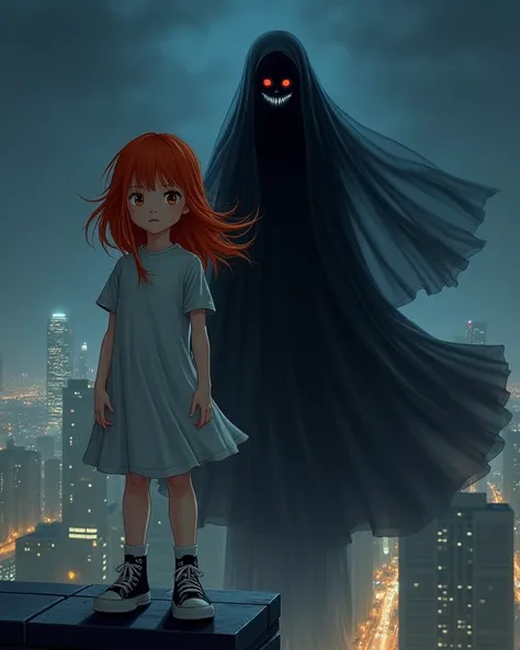  Redheaded girl wearing black tennis shoes.  On top of a building at night , where behind her is a specter ,  wearing a black dress black veil and a macabre smile  