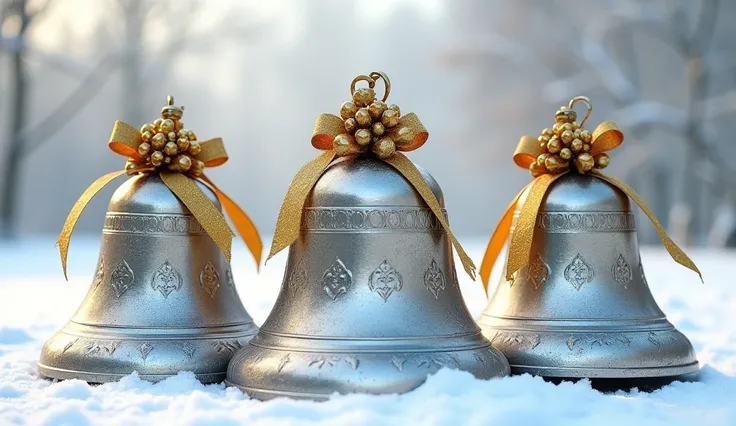 3 large, very large and huge shiny silver bells with engraved patterns on them with golden metal ribbons and flowers and leaves. Background is all white snow.
