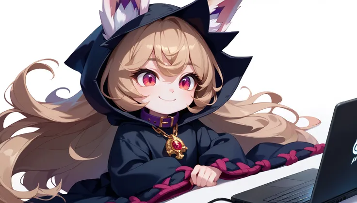(masterpiece:1.3), (best quality:1.3), (very detailed), (anime style:0.1), game cg, anime coloring,((simple white background)),VexLoLXL,big eyes,yordle,shortstack,red eyes,((light brown hair,bangs,long hair)),shiny_skin,white_skin,white skin,black hood,hoo...