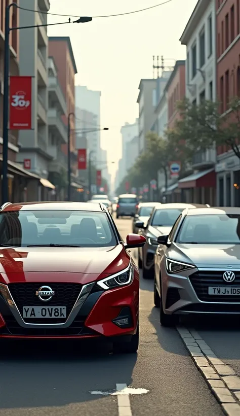 several Nissan , Wolsvagen posing on a realistic unpopulated street