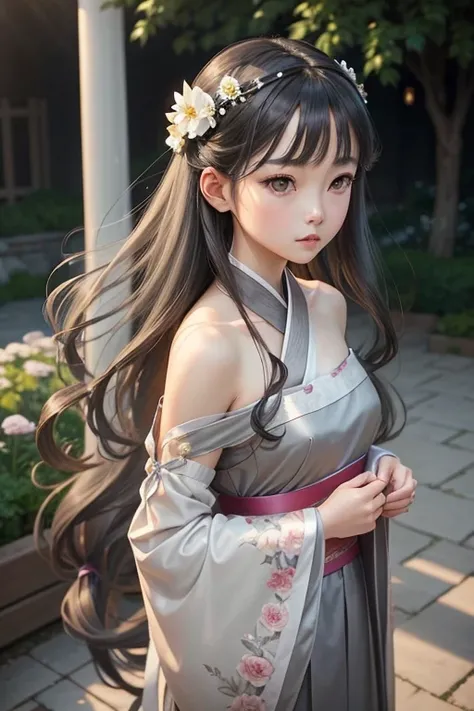 (  : 1.5), race, ribbon, Hanfu, (  Masterpiece ,  side lights, delicate and beautiful gray eyes: 1.2),   Masterpiece , Realistic, Shining Eyes,  shiny hair,  dark haired,  long hair, shiny skin, Alone, Awkward,  strapless , delicate, beautiful, garden, flo...