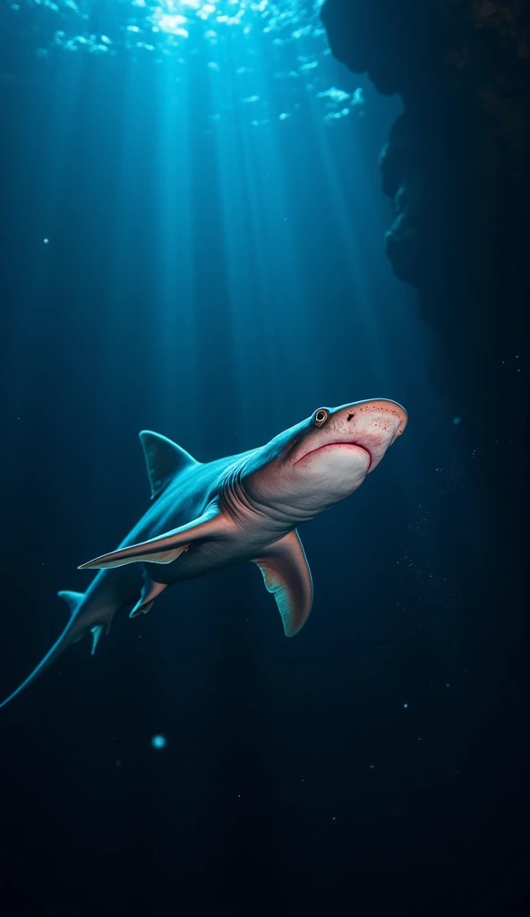 An underwater scene in the deep ocean, with dark, mysterious waters illuminated by a diffuse blue light penetrating the depths. At the center, a goblin shark swims slowly, showcasing its alien-like appearance: a long, slender body, translucent pinkish skin...