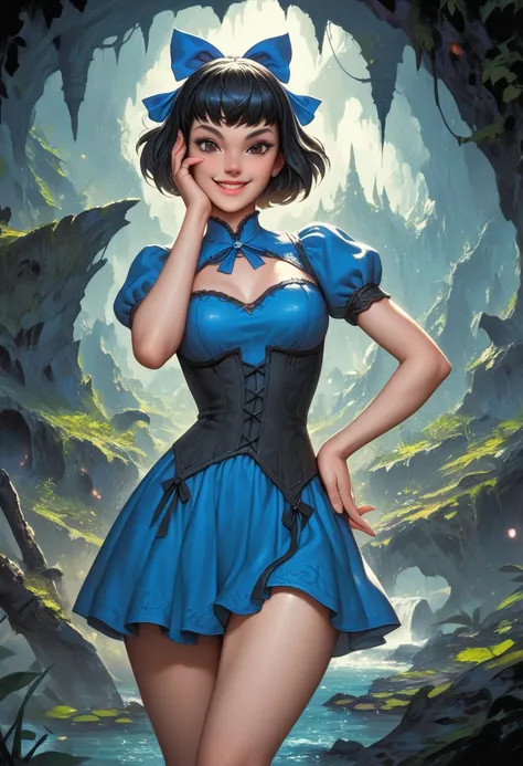 score_9, score_8_up, score_7_up, 1girl, dynamic pose, cowboy shot, looking at viewer, detailed background, smile, one hand in face, one hands on hips, cavern, vegetation, blue walls, BettyXLP, short hair, hair bow, black hair, black eyes, blue short dress,...