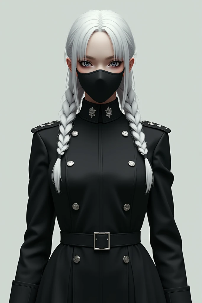 Women, military suit, white hair with braids , thesis Clara,  black eyes and the other white, black mask 