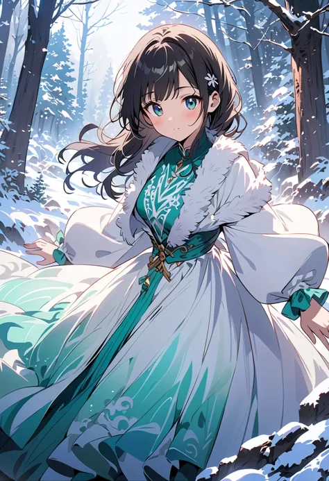 36 yo girl, 1girl, long black hair, cyan eyes, gorgeous beautiful fantasy winter white and green-cyan long gown with multiple layers and embroidery, long sleeves, snowy forest, stormy weather, perfect face, cold emotion, gorgeous, natural, full-body image:...