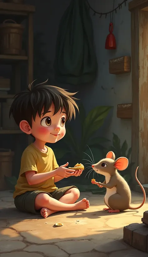 A rat and a boy sharing a snack.