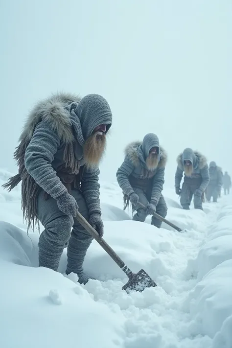 Humans using tools to dig through deep snow, searching for food or supplies. Their faces are covered in frost, showing signs of desperation.