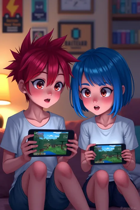 Tall very short hair with red highlights teenage woman in a room with another tall teenage girl with short blue hair and they are both playing Minecraft