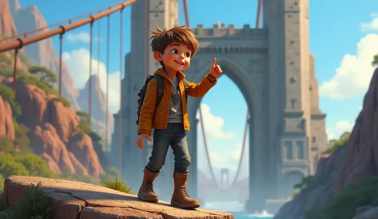 An excited brown-haired  boy on a big bridge,