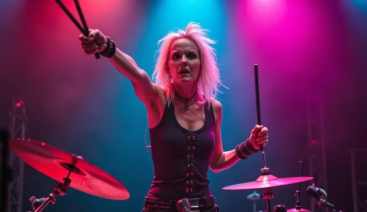 A punk drummer standing on her drum kit, thrusting a pair of drumsticks toward the camera as if throwing them, her expression defiant, with colorful stage lighting behind her.