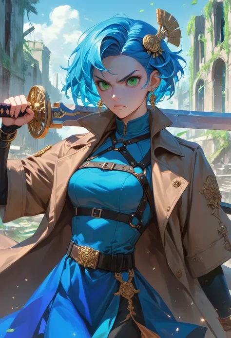 1girl, short hair, blue hair, hair ornament, earrings, jewelry, green eyes, high collar, medallion, harness, belt, blue dress, brown coat, skirt, outdoors, ruins, holding sword, rapier, fighting stance, angry masterpiece, best quality, amazing quality, ver...