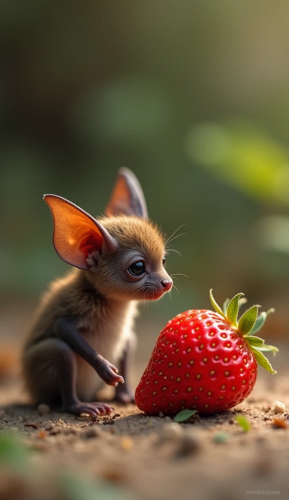 "A small, curious bat perched on a branch or resting on the ground, gazing intently at a large, vibrant red strawberry placed beside it. The bats delicate wings are folded, and its expression is inquisitive. The strawberrys bright color and detailed textur...