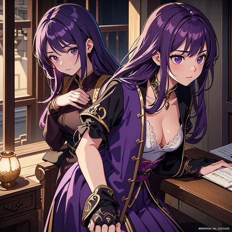  very delicate and beautiful, wonderful,  in fine detail, masterpiece,  super detailed,  high definition , best illustration ,  High Quality , intricate details ,  cinematic lighting,  anime style , teenage assassin girl,  purple hair , Chinese style costu...