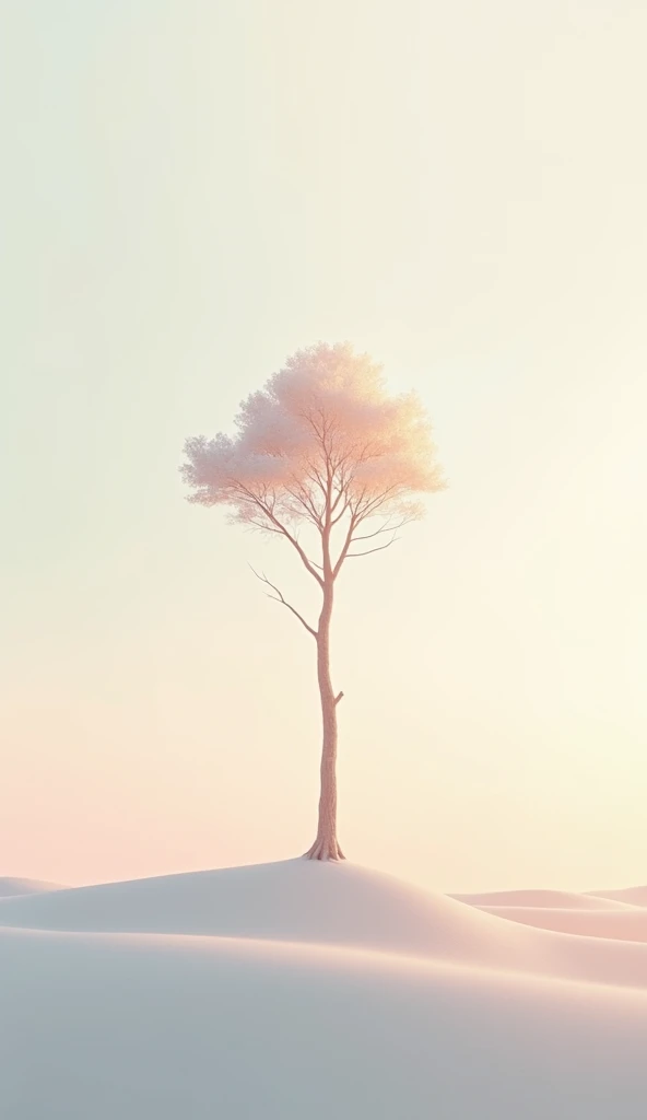 Minimalist style, serene landscape with a single tree in the center, soft pastel colors.