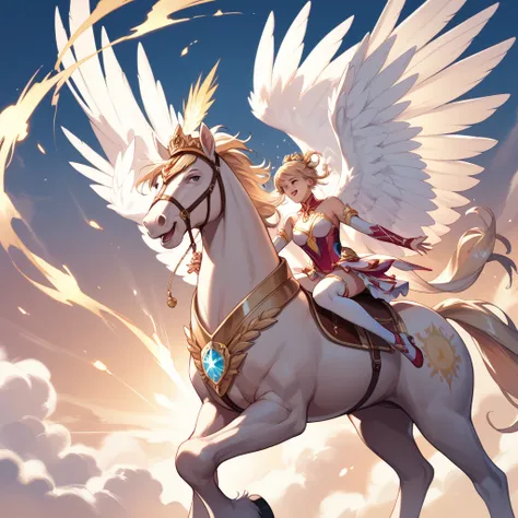 Anime Valkyria uses magical power while riding a divine horse