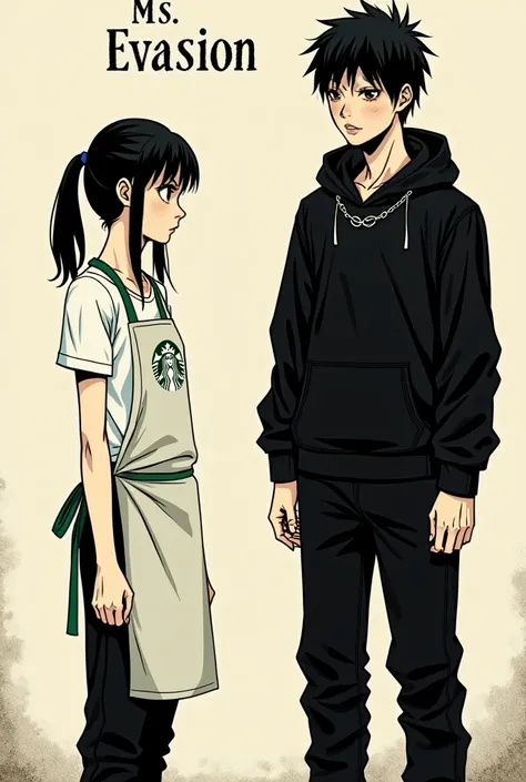 In the style of Junji Ito, Junji ito Manga type image, girl, short sleeve shirt, apron, Starbucks Logo is on the apron, afraid, medium length hair, long bangs, hair tied back into a low pony tail, man in a black hoodie, sleeves rolled halfway up, black jog...