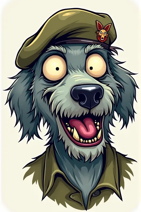 Caricature logo of zombie Belgian sheepdog with a military beret on his head