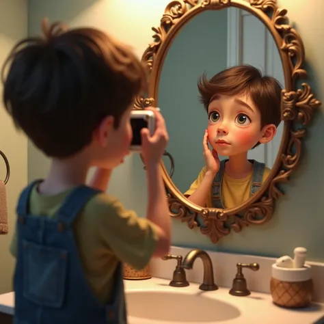 A very realistic boy taking a picture in the mirror
