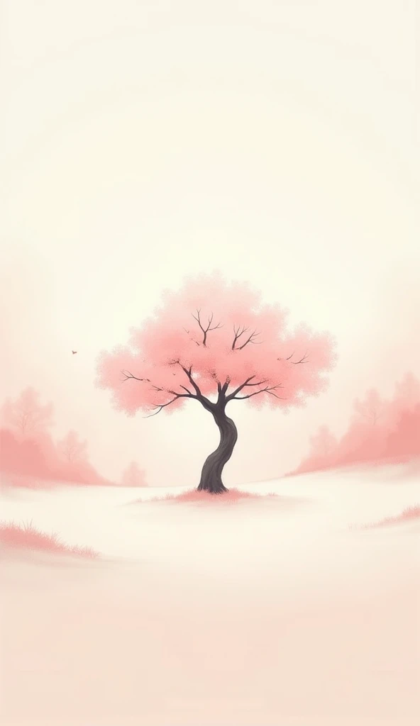 Minimalist style, Chinese landscape with a peach cherry blossom tree in the center, soft pale peach pastel colors.