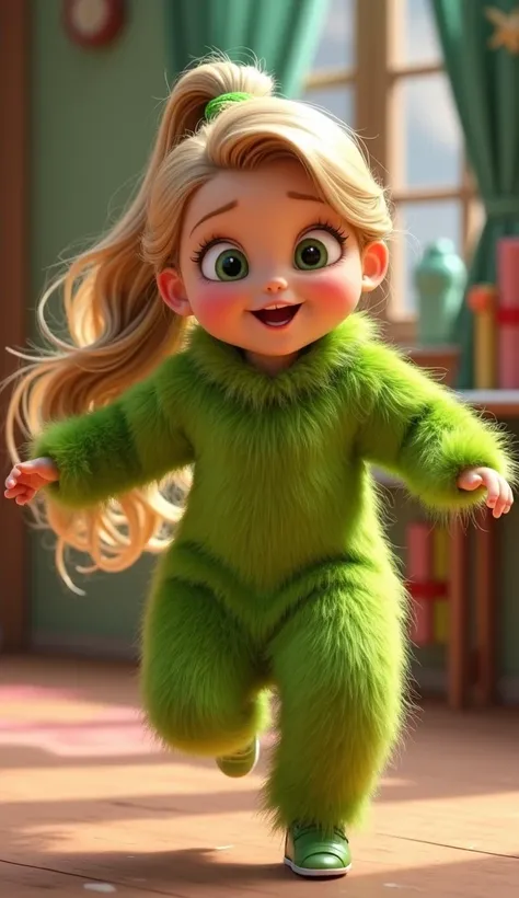  Disney Pixar style character Rapunzel baby with ponytail in her hair , That he has a full body Grinch costume so that he has dancing movements