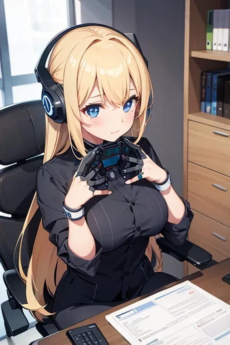  gril, left hand is robotic, office,