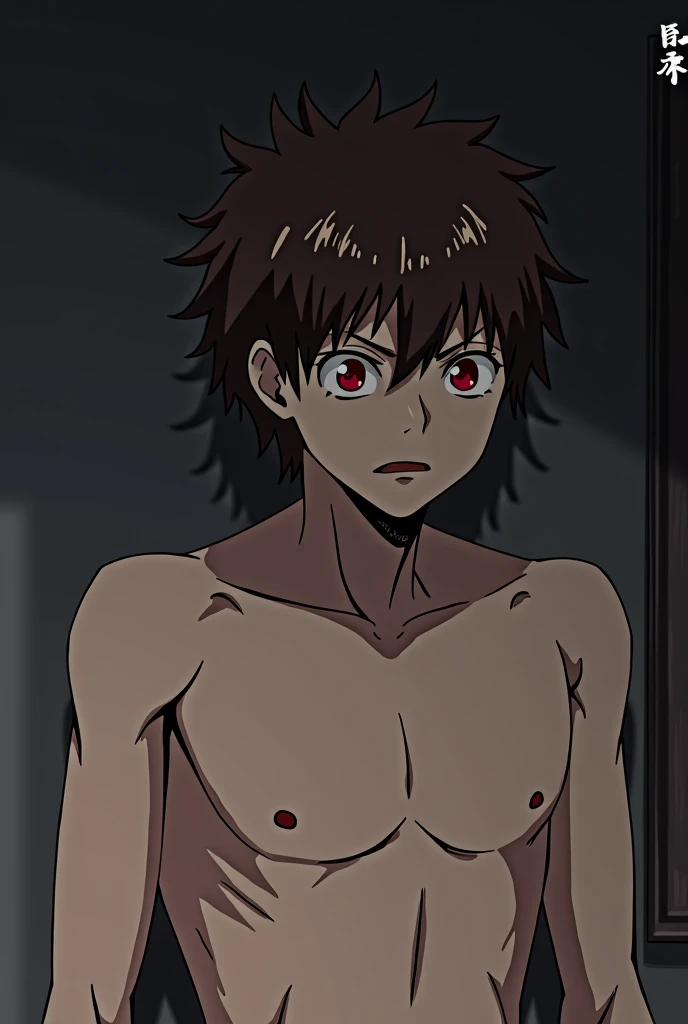  screenshot of my hero Academia.
Genre:man.
eyes:Ruby red
Hair:Straight chocolate brown .
 expression:It would be y Tired . 
Scenery: room,  without clothes, moaning while being attacked 