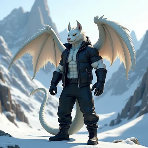 , a white muscular winged dragon furry jock in black boots,in black pants, in a black zippered winter jacket , wearing black gloves stands against the background of mountains