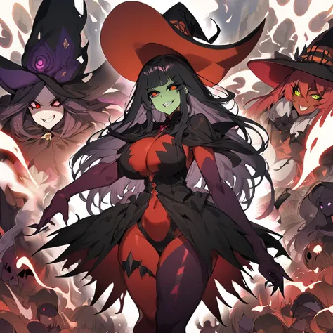 Anime, multiple beautiful girls, witches, dark witch clothes, witch hat, Red skin, Colored sclera, black sclera, green eyes, curvy body, evil grin, eyes narrows, Red skin, purple flaring aura, girls surrounding 