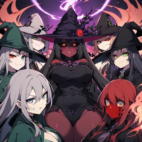 Anime, multiple beautiful girls, witches, dark witch clothes, witch hat, Red skin, Colored sclera, black sclera, green eyes, curvy body, evil grin, eyes narrows, Red skin, purple flaring aura, girls surrounding 