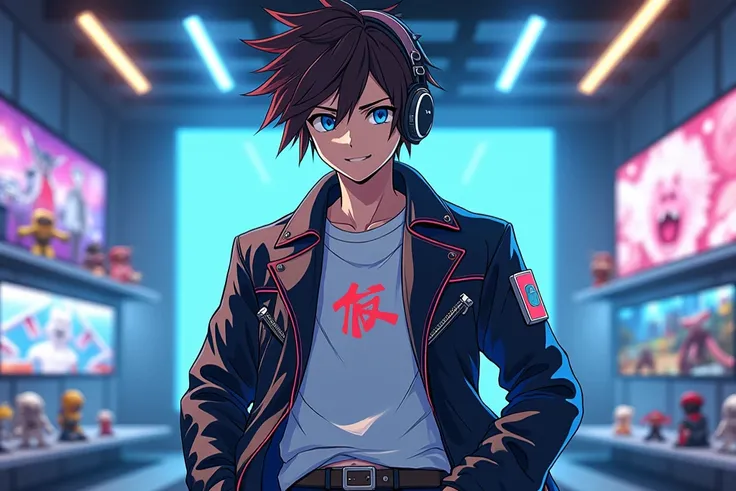 Create a dynamic anime-style character designed as a YouTube anime channel host, blending classic anime aesthetics with cyberpunk futurism. The character is a young man inspired by Ash from Zillion, dressed in a sleek black leather jacket with neon blue an...