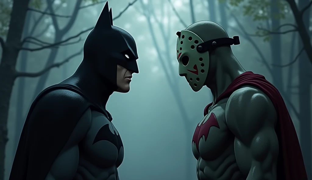 An anime-style medium shot of Batman and Jason Voorhees are looking at each other a close up of their faces. The background is a dark, foggy forest. Anime drawing style