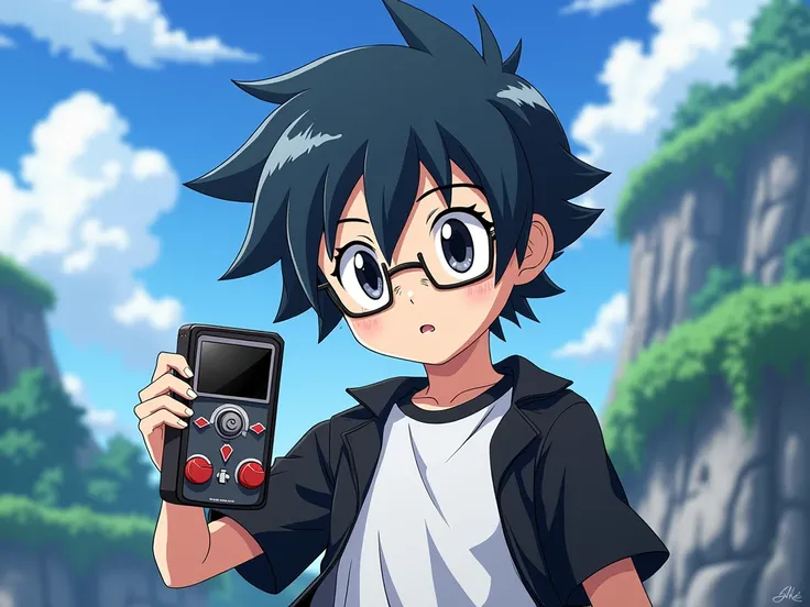  can you create a boy chosen for the anime Digimon Fronntiers (A 16-year-old boy with short black hair wearing glasses ,  a black shirt with a white t-shirt with a Digivice .with a larger appearance)