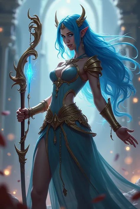 Create realistic woman costume Sona League of Legends with her weapon use reference image