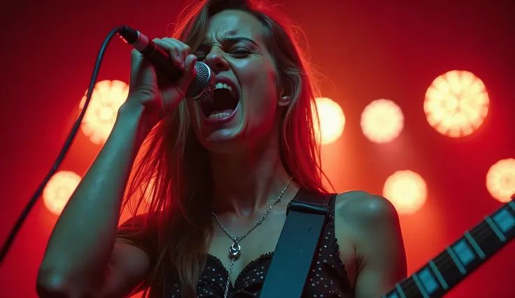 A tilted, cinematic close-up of a female rock guitarist slamming her guitar neck toward the lens, her face contorted in rage as stage lights flicker behind her