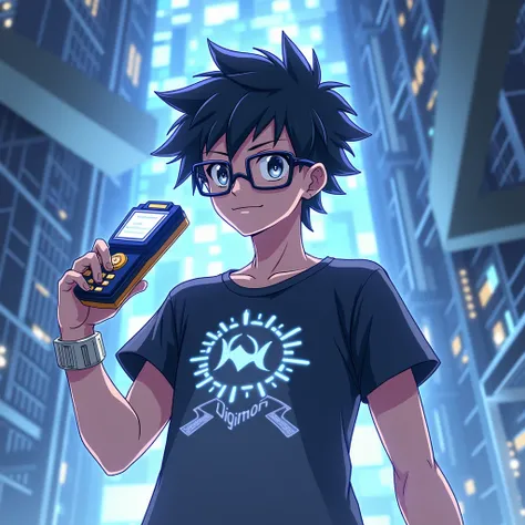  can you create a boy chosen for the anime Digimon Fronntiers (a 16-year-old teenager with short black hair wearing glasses,  a black shirt with a white t-shirt with a Digivice )