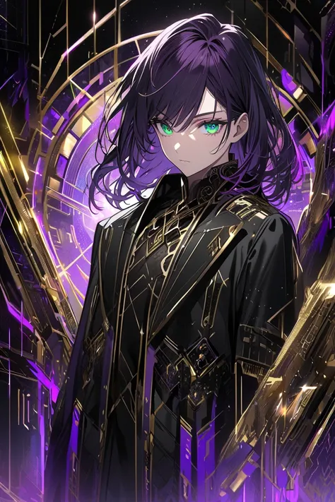 man, dark amethyst hair ,  emerald eyes, wearing black jacket with purple and gold details, sci-fi background