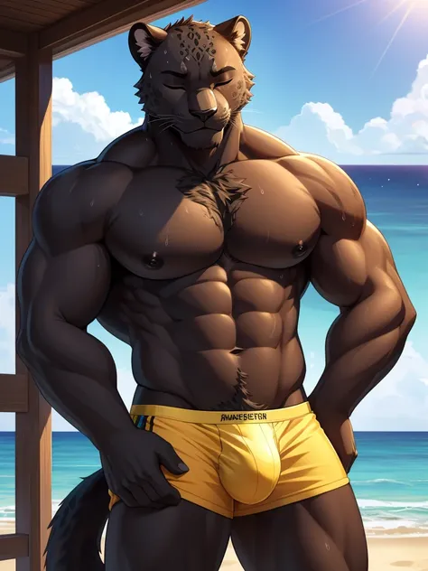 (masterpiece, 4K, ultra detailed) a black jaguar furry, black fur, masculine, shirtless, naked, sea, summer vibe, shy smile, smooth lining, soft anime, illustration, athletic, black nipples, large pecs, eight-pack, yellow speedoes, bulge, closed eyes, swea...