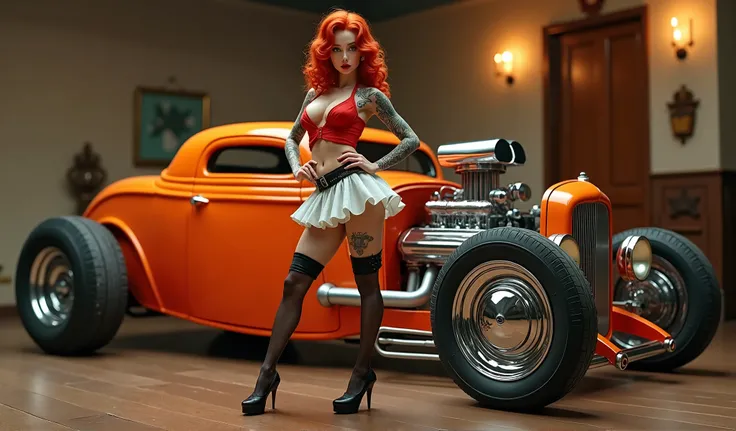 Wide-angle shot of a sizzling 1950s scene: a stunning tattooed redhead pin-up girl poses provocatively. Her luscious curls are styled in a nostalgic 1950s pin-up art style, accentuating her hourglass figure and curvaceous silhouette. She sports a tight whi...