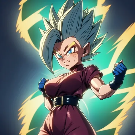 dbsuper style, 
Petite Girl, green aura, super saiyan aura, belt, purple colored hair, huge hair, bruise, bruise on face, clenched hands, frown, Mages hat, gloves, blue eyes, grey gloves, evil grin, medium breasts, petite, soft muscles, solo, spiked hair, ...