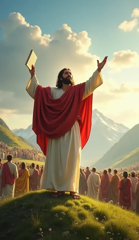  Jesus Christ standing on a green hill under a clear sky ,  surrounded by a diverse crowd of His face radiates calm and compassion ,  as he raises one hand to bless and with the other he points to a scroll holding .  He is dressed in a white robe and a red...