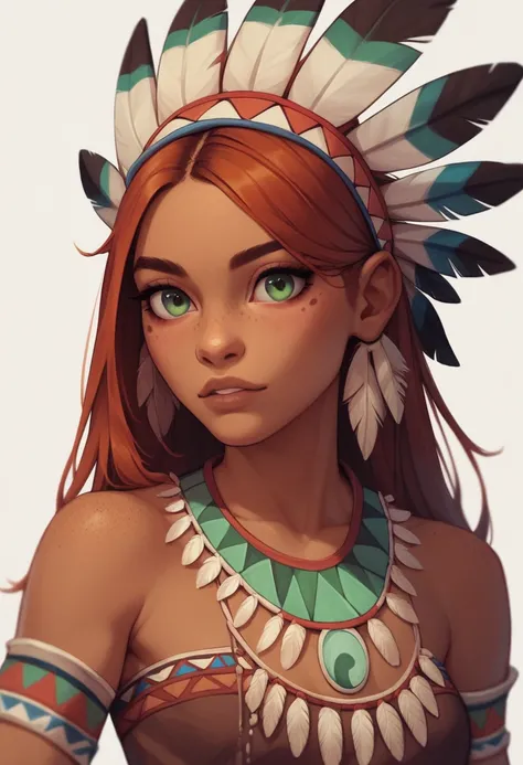 20-year-old redhead woman with green eyes and a freckled face wearing a  native american dress, native american headdress