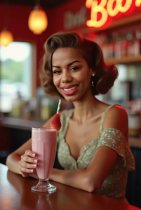  The camera focuses on me from the front . I am a woman.  Im at the bar of a bar from the 1950s, Having a strawberry milkshake .