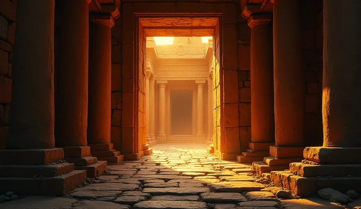 "An ancient temple entrance illuminated by soft torchlight, exuding spiritual energy."