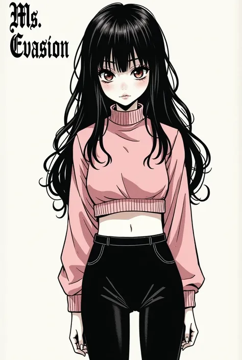 In the style of Junji Ito, Junji ito Manga type image, girl, Long sleeve crop top sweater, black leggings, afraid, medium length hair, long bangs, text in the corner says "Ms. Evasion" in fancy text 