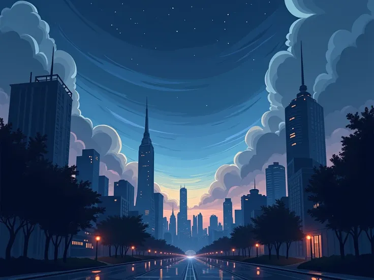 Painting of buildings sky clouds at night, In vectors 