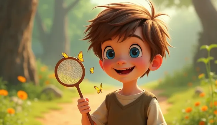  image for a cartoon story of Disney-style YouTube videos, in Pixar format :  Jackson :  A cheerful and kind boy with brown hair and blue eyes .   He is dressed in simple clothes and holds a butterfly net in his hands.