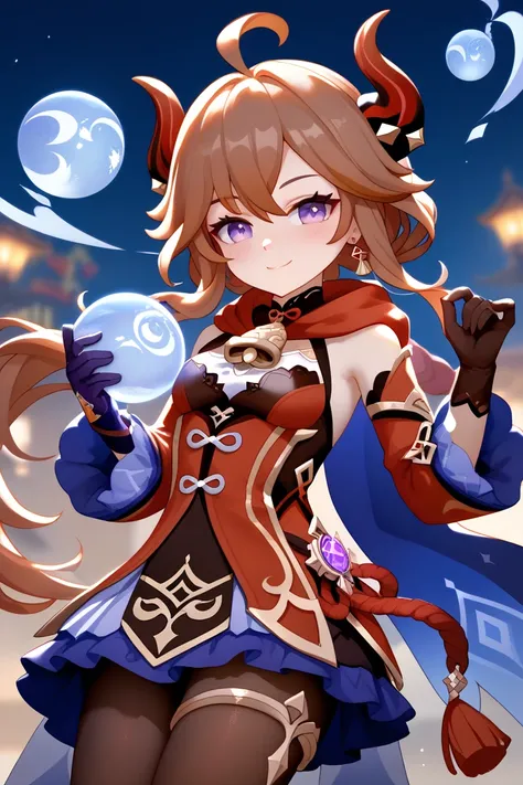 masterpiece,Ultra HD, 1girl, ((young)),solo, small, petite, purple eyes, brown hair,ahoge ,bare_shoulders ,bell, black_gloves ,black_pantyhose, chinese_knot, detached_sleeves, gloves ,gold_trim, horns, jewelry ,light_smile ,long_hair, neck_bell, orb, panty...