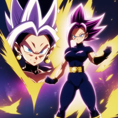 dbsuper style, 
Petite  Girl, green aura, super saiyan aura, belt, purple colored hair, huge hair, bruise, bruise on face, clenched hands, frown, Mages hat, gloves, blue eyes, grey gloves, evil grin, medium breasts, petite, soft muscles, solo, spiked hair,...