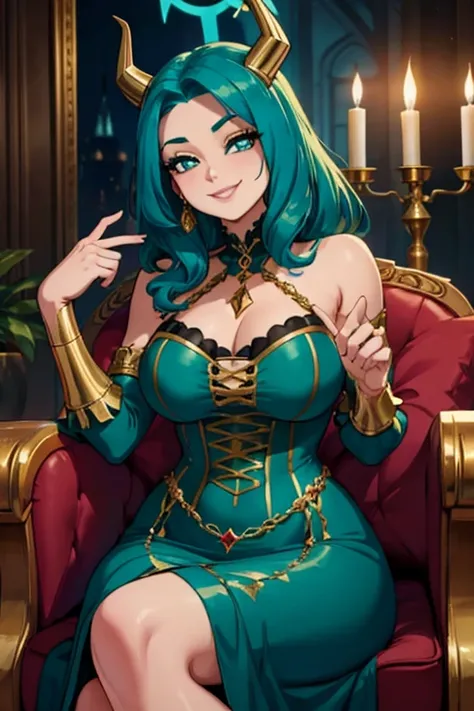 Perfect face. Perfect hands. A teal haired woman with gold eyes with golden horns with an hourglass figure in a golden ballgown is smiling while sitting in a Gothic ballroom